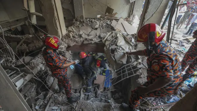 সিদ্দিক বাজারের বিধ্বস্ত ভবনটিতে উদ্ধারকাজ করছেন ফায়ার সার্ভিসের কর্মীরা
