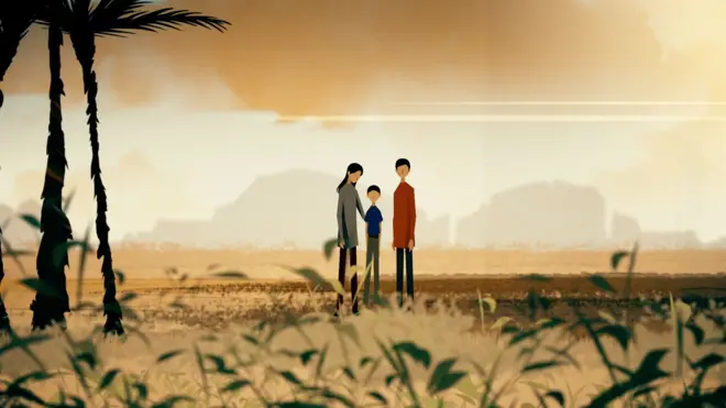 කාන්තාවක් සහ පිරිමි පුද්ගලෞඑකු දරුවෙකු සමග නිදස පරිසරයක සිටින ආකාරය මෙහි දකෙන අතර ඈතින් කඳු වළල්ලක් සහ ගස් කිහිපයක් පෙනේ.