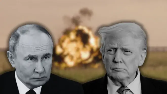 Колаж - Путін і Трамп на тлі вибуху в Україні