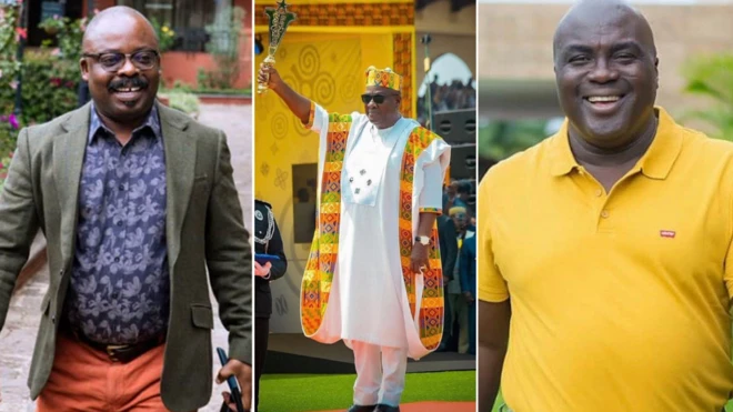 Callistus Mahama wit glass, John Mahama raising hand and Julius Debrah on yellow shirt