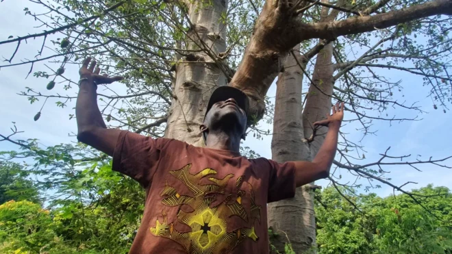 Adama Diémé sous un arbre