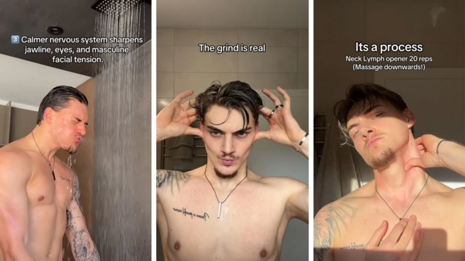 Marvin's facial routine. Three images of a man, one as he takes a cold shower and the other two rubbing his face.