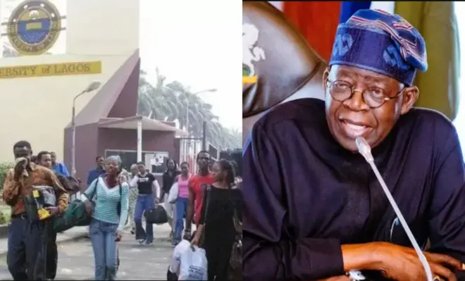 Awọn akẹkọọ n rin niwaju fasiti UNILAG niluu Eko, Aarẹ Bola Tinubu wọ aṣọ buba pupa pẹlu fila