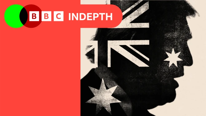 A treated image of a side shot of Donald Trump with the Australian flag edited onto him