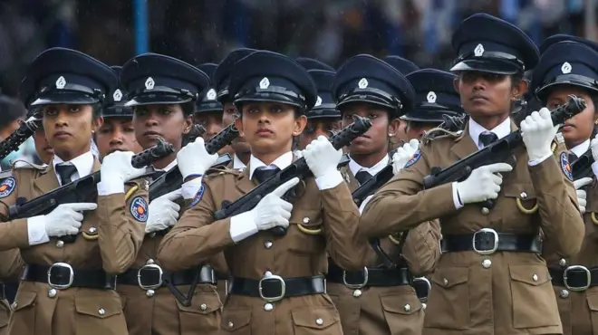 Sri Lankan women police officers participate in the 156th Sri Lanka Police Day celebrations held in Colombo on September 03, 2022. (Photo by Pradeep Dambarage/NurPhoto via Getty Images)