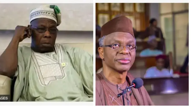 Oloye Olusegun Obasanjo ati Nasir El-Rufai. Obasanjo wo agbada olomi awọ ewe, o de fila o si fi igo soju. El-Rufai naa wọ agbada alawọ buraun, o figo soju, ẹrọ gbohungbohun kan wa niwaju rẹ