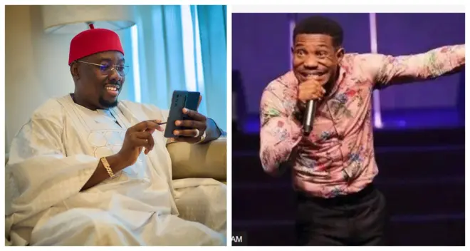Obi Cubana lapa osi, o wọ agbada funfun, de fila pupa, o n tẹ foonu rẹ o si n rẹrin-in. Pasitọ Jerry Eze lo wa lapa osi, o n sọrọ si ẹrọ gbohun-gbohun, o nawọ rẹ sapa ọtun.