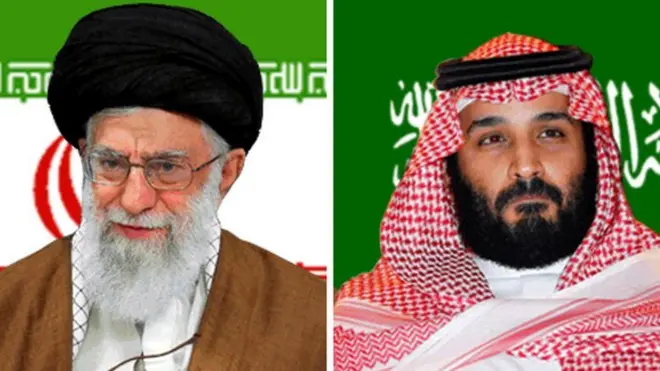 Photomontage de l'ayatollah Ali Khamenei (g), dirigeant de l'Iran, et Mohammed bin Salman, prince héritier et Premier ministre de l'Arabie saoudite