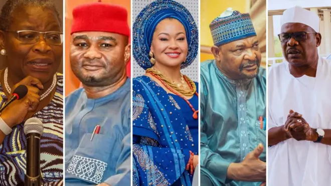 A collage photo of Oby Ezekwesili, Onyekachi Nwebonyi, Natasha Akpoti Uduaghan, Abdul Ningi and Ali Ndume