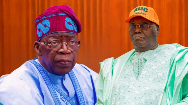 Tinubu on blue native and Atiku on lemon native wear