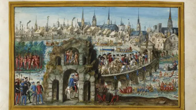 Pintura retrata encenação na festa brasileira em Rouen para a entrada do rei Henrique 2º, em 1550