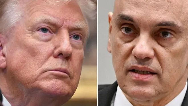 Montagem de fotos mostra Donald Trump e Alexandre de Moraes