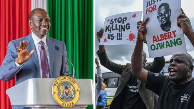Kenya President William Ruto and protesters wey hold placards
