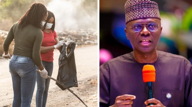 Ladies cleaning and Babajide Sanwo-Olu
