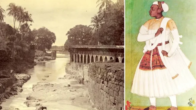 تصویری از ملک امبر مربوط به قرن هفدهم میلادی و در کنارش کانال اورنگ آباد