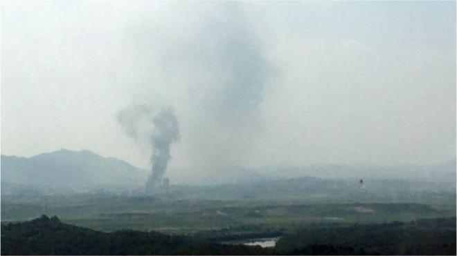 Smoke rises from Kaesong Industrial Complex in this picture taken from the south side in Paju, South Korea