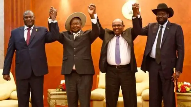 ሪክ ማቻር (ጸጋም) ፕረዚደንት ሳልቫ ኪር (የማን) ምስ መራሕቲ ዩጋንዳን ሱዳንን