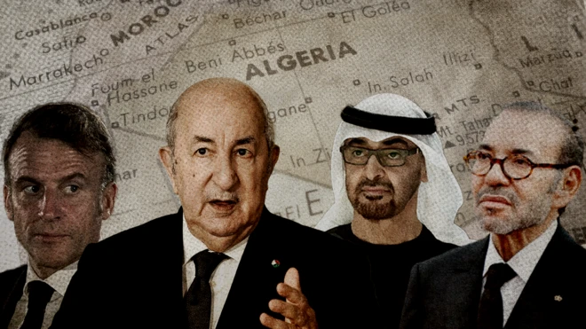 صورة تجمع ملك المغرب محمد السادس (أقصى اليمين) ثم رئيس الإمارات الشيخ محمد بن زايد ثم الرئيس الجزائري عبد المجيد تبون والرئيس الفرنسي إيمانويل ماكرون (أقصى اليسار)