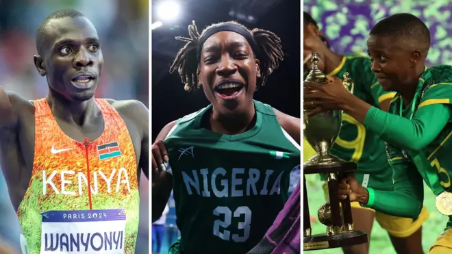 Un triptyque montrant Emmanuel Wanyonyi célébrant aux Jeux Olympiques, Ezinne Kalu souriant à la caméra dans un maillot de basket-ball vert du Nigeria et des joueuses sud-africaines célébrant avec le trophée de la Coupe d'Afrique des Nations féminine.