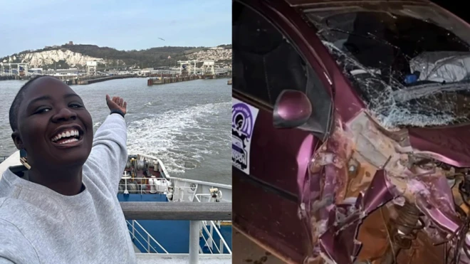 Collage of foto of Pelumi Nubi and di damaged car