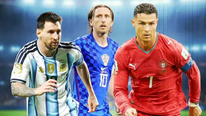 Ilustración con imágenes de Lionel Messi, Luka Modric y Cristiano Ronald en su debut en el Mundial