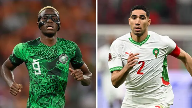 Victor Osimhen wear Nigeria dark green flowered jersey while Achraf Hakimi wear all white Morocco jersey