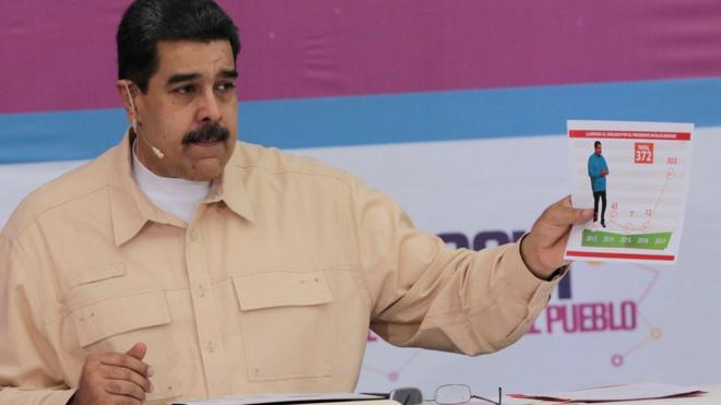 President Nicolas Maduro speaks during his weekly radio and TV broadcast Sundays with Maduro in Caracas, Venezuela, December 3, 2017