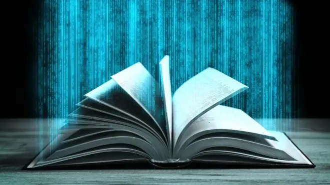 Libro siendo transformado en datos para alimentar los algoritmos de la inteligencia artificial
