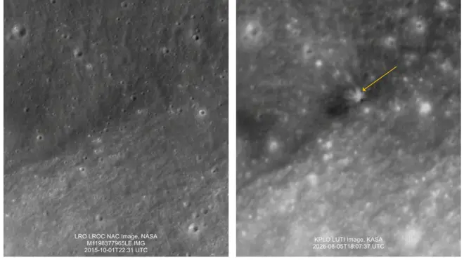 Before and after pictures of the Moon after SpaceX debris hit its surface.