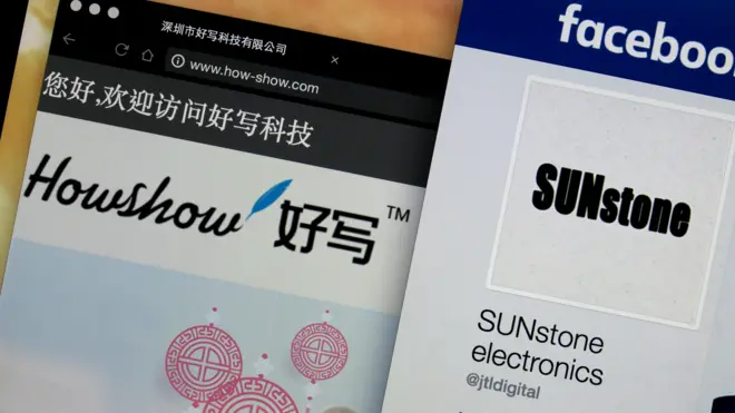 被美國調查的好寫科技（左）與深信通電子（右）的網站（BBC中文網圖片10/1/2017）