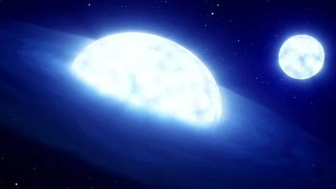 ภาพจำลองระบบ HR 6819 ของปี 2020 ซึ่งตอนนั้นเชื่อว่าเป็นหลุมดำที่มีดาวฤกษ์ 2 ดวงโคจรวนรอบ