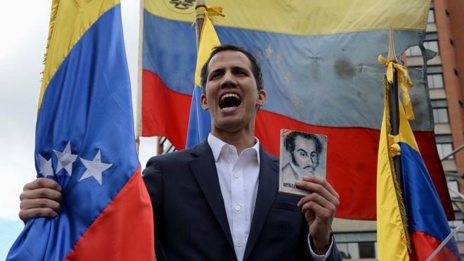 Juan Guaido proclaiming himself Venezuela's president in Caracas on 23/01/2019