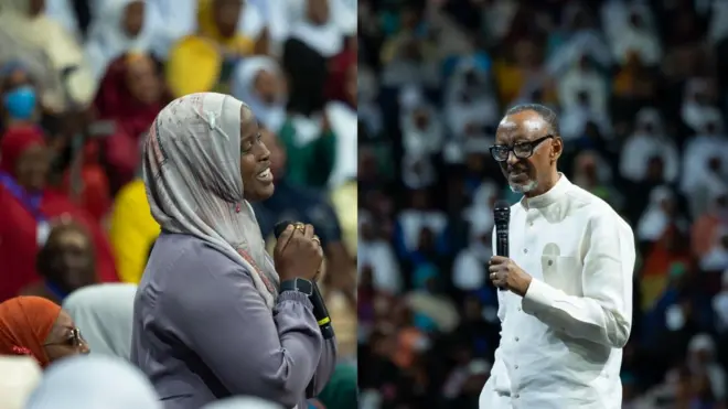 Ifoto ifatanyije igaragaza umugore ufite indangururamajwi amwenyura arebana na Perezida Kagame na we amwenyura afite indangururamajwi. 