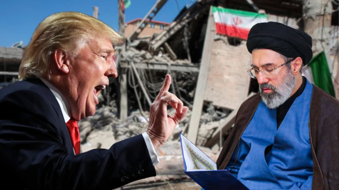 Ảnh ghép: Chân dung ông Trump (trái) và lãnh tụ tối cao Iran Mojtaba Khamenei, phía sau là khung cảnh đổ nát vì không kích tại Iran