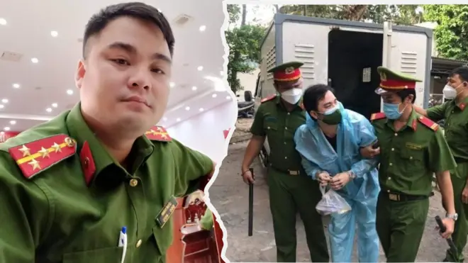 Ông Lê Chí Thành khi còn là công an (trái) và hình ảnh khi ông ra tòa