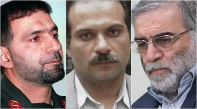 ከግራ ወደ ቀኝ ሜ/ጀ ሐሰን ቴህራኒ ሞግሃዳም፣ መሱድ አሊሞሃማዲ እና ሞህሰን ፋክሪዛሄድ