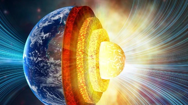 รูปโลกผ่าครึ่งมีเส้นสีฟ้าพุ่งออก 