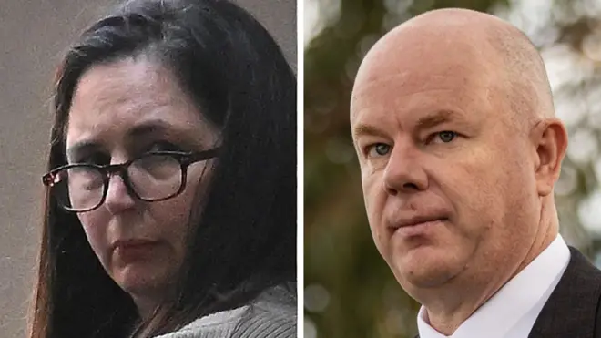 A composite image shows Erin Patterson on the left looking at the camera and Simon Patterson on the right looking at the camera.