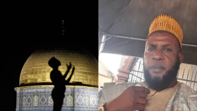 Aworan Mọṣalaṣi 'The dome'ti èèyàn kan n ṣadura niwaju rẹ wa lapa osi, aworan Sheikh Taofeeq Akeugbagold wa lapa ọtun