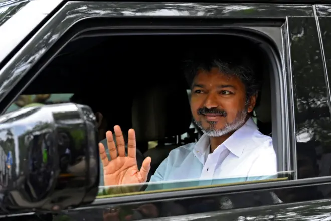 Actor-turned-politician Vijay, president of Tamilaga Vettri Kazhagam (TVK), waves as he arrives at his party’s office, a day after the Tamil Nadu assembly election results, in Chennai, India, May 5, 2026