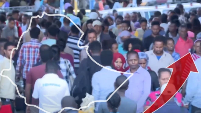 በርካታ ሕዝብ፣ የኢትዮጵያ ካርታ እና ቀስት 