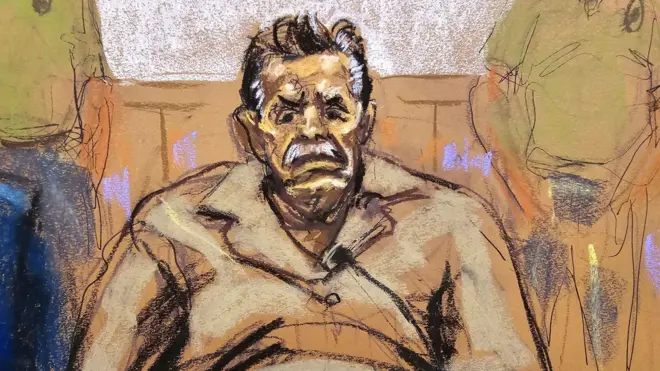 Un dibujo judicial que muestra al exnarcotraficante mexicano Ismael "El Mayo" Zambada sentado en el tribunal de Brooklyn, Nueva York (EE. UU.), el 13 de septiembre de 2024.