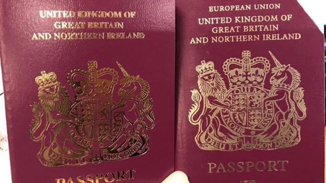 A comparison of UK passports with and without the words "European Union"