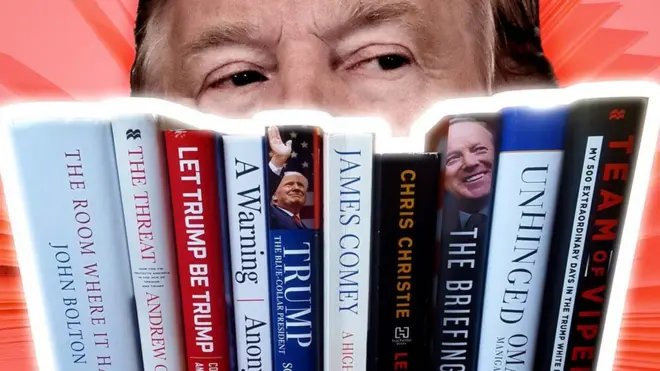 A composite showing President Trump and some of the books written about him