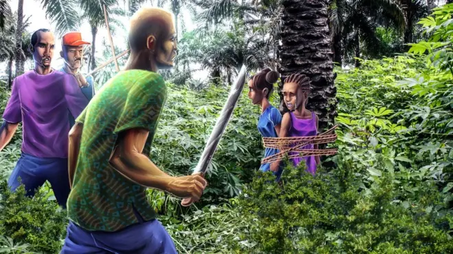 Las niñas fueron atadas a una palmera y tres hombres las estaban golpeando con varas y machetes.