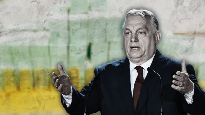 Колаж - Віктор Орбан жестикулює руками на тлі вилучених грошей та золотих злитків