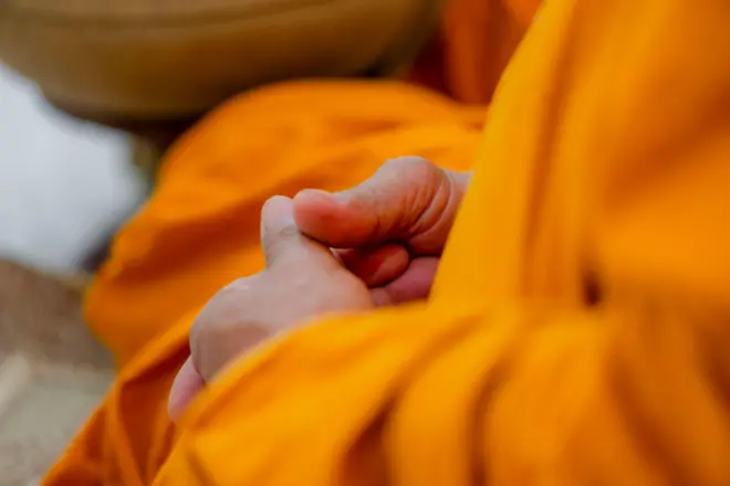 In the morning the monks walk for alms with the Buddhists, offering food to the monks with devotion.