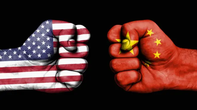 Fists with the US and Chinese flags
