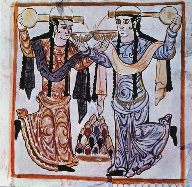 رسمة تعود للعصر العباسي تجسد راقصتين تمسكان بكأسين تصبان فيهما الخمر من وعائين يظهران خلف رأسيهما