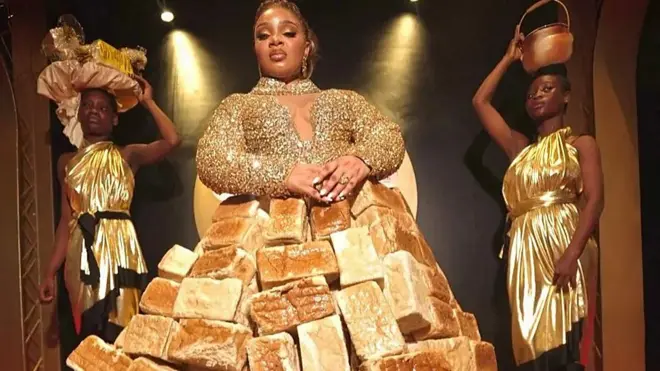 A woman dressed in bread
